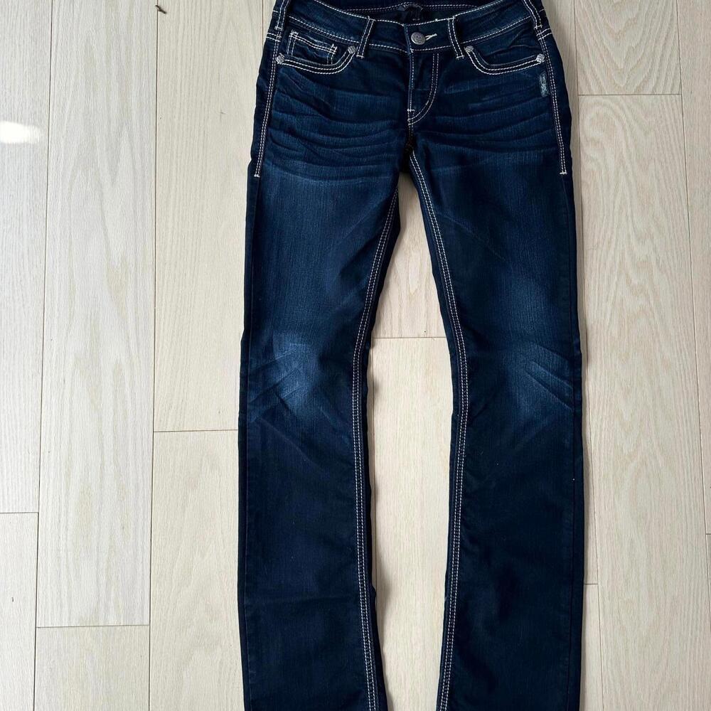 Women's Low Rise Boot Cut Silver Jeans - Dark Blue